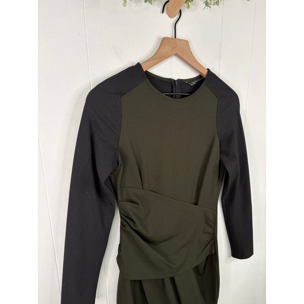 Zara Olive Green Crepe Draped Sheath Dress XS Black Long Sleeve - Picture 2 of 7